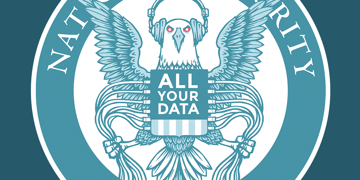 bald eagle wearing headphones and holding cables in its claws with the shield that says All Your Data